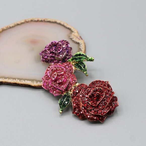 Jewelry pin brooch rose roses flower large gold tone pink red purple fashion - Picture 6 of 12